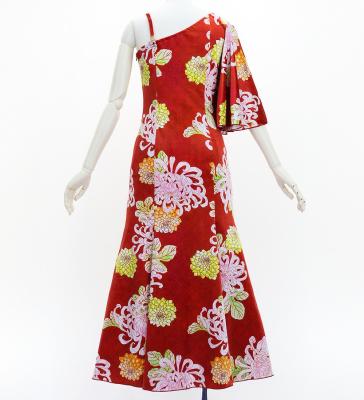 Japan Fabric One Shoulder Frill Sleeve Long Dress with Chrysanthemum Print / Red / JW005rd