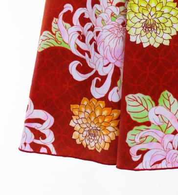 Japan Fabric One Shoulder Frill Sleeve Long Dress with Chrysanthemum Print / Red / JW005rd