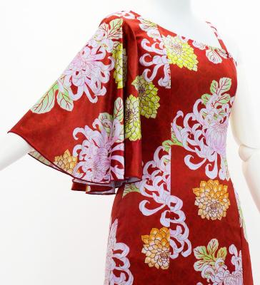 Japan Fabric One Shoulder Frill Sleeve Long Dress with Chrysanthemum Print / Red / JW005rd