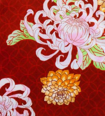 Japan Fabric One Shoulder Frill Sleeve Long Dress with Chrysanthemum Print / Red / JW005rd