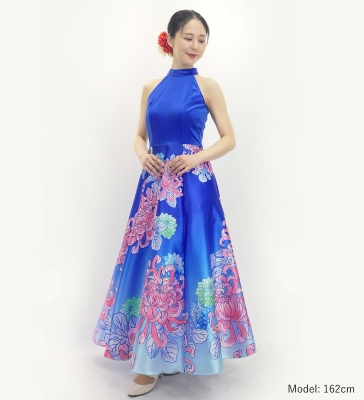 Japan Fabric American Armhole Long Dress with Chrysanthemum Print / Blue / JW006bl