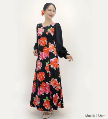 Japan Fabric Long Sleeve Dress with Peony Print / Black / JW007bk