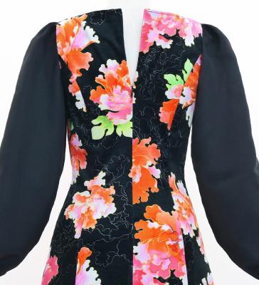 Japan Fabric Long Sleeve Dress with Peony Print / Black / JW007bk