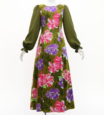 Japan Fabric Long Sleeve Dress with Peony Print / Khaki / JW007ka