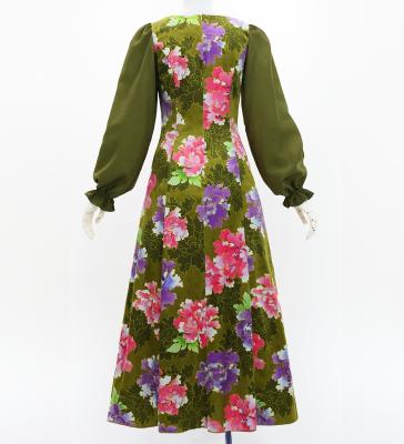 Japan Fabric Long Sleeve Dress with Peony Print / Khaki / JW007ka