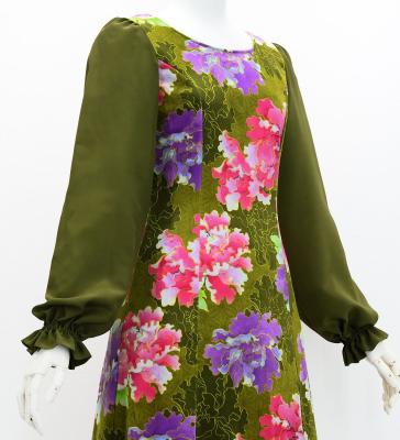 Japan Fabric Long Sleeve Dress with Peony Print / Khaki / JW007ka
