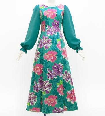 Japan Fabric Long Sleeve Dress with Peony Print / Turquoise Blue / JW007tbl
