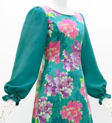 Japan Fabric Long Sleeve Dress with Peony Print / Turquoise Blue / JW007tbl