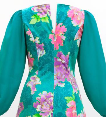 Japan Fabric Long Sleeve Dress with Peony Print / Turquoise Blue / JW007tbl