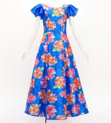 Japan Fabric Long Dress with Peony Print / Blue / JW008bl