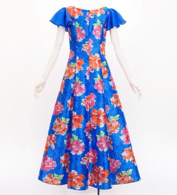Japan Fabric Long Dress with Peony Print / Blue / JW008bl