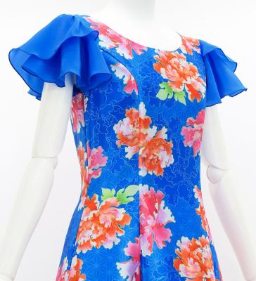 Japan Fabric Long Dress with Peony Print / Blue / JW008bl