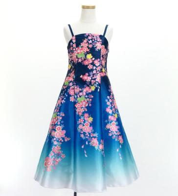 Kids Japan Fabric Long Dress with Cherry Blossom Print / Shantung / Blue / JWp001bl