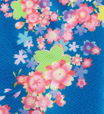 Kids Japan Fabric Long Dress with Cherry Blossom Print / Shantung / Blue / JWp001bl