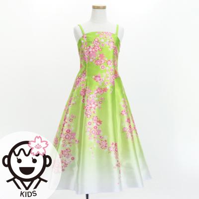Kids Japan Fabric Long Dress with Cherry Blossom Print / Shantung / Light Green / JWp001lgr