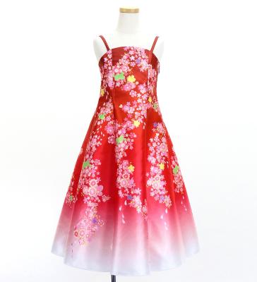 Kids Japan Fabric Long Dress with Cherry Blossom Print / Shantung / Red / JWp001rd