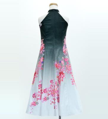 Kids Japan Fabric Long Dress with Cherry Blossom Print / Velvet / Black / JWp002bk