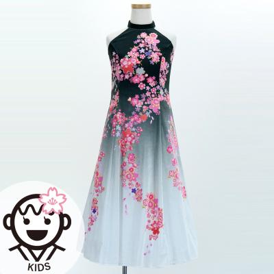 Kids Japan Fabric Long Dress with Cherry Blossom Print / Velvet / Black / JWp002bk