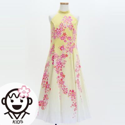 Kids Japan Fabric Long Dress with Cherry Blossom Print / Velvet / Cream Yellow / JWp002crye