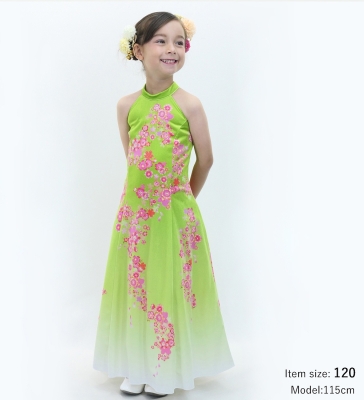 Kids Japan Fabric Long Dress with Cherry Blossom Print / Velvet / Light Green / JWp002lgr