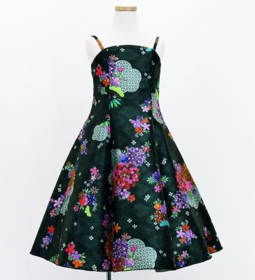 Kids Japan Fabric Long Dress with Chrysanthemum & Plum Blossom & Cherry Blossom Print / Shantung / Black / JWp003bk