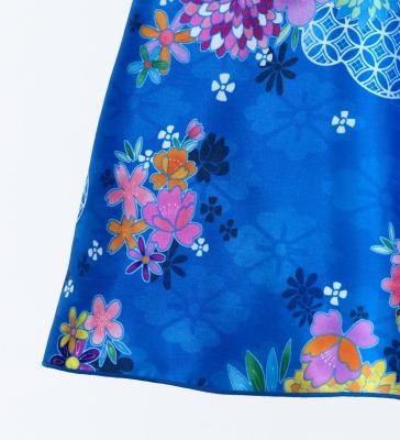 Kids Japan Fabric Long Dress with Chrysanthemum & Plum Blossom & Cherry Blossom Print / Shantung / Blue / JWp003bl