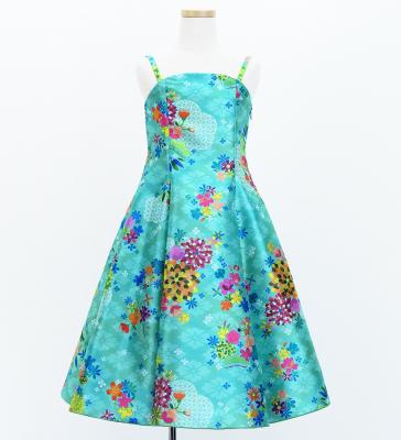 Kids Japan Fabric Long Dress with Chrysanthemum & Plum Blossom & Cherry Blossom Print / Shantung / Light Blue / JWp003lbl