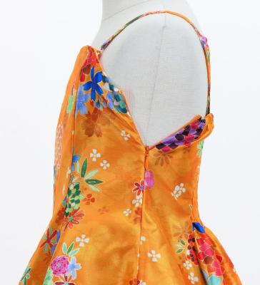 Kids Japan Fabric Long Dress with Chrysanthemum & Plum Blossom & Cherry Blossom Print / Shantung / Orange / JWp003or