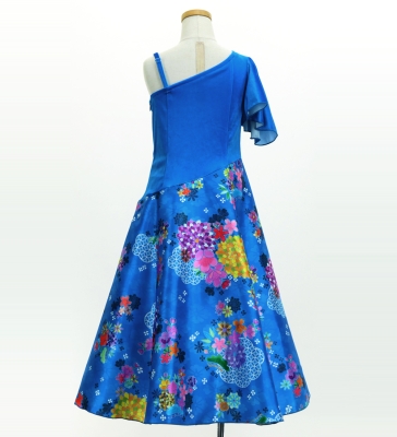 Kids Japan Fabric One Shoulder Frill Sleeve Long Dress / Blue / JWp004bl