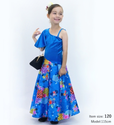 Kids Japan Fabric One Shoulder Frill Sleeve Long Dress / Blue / JWp004bl