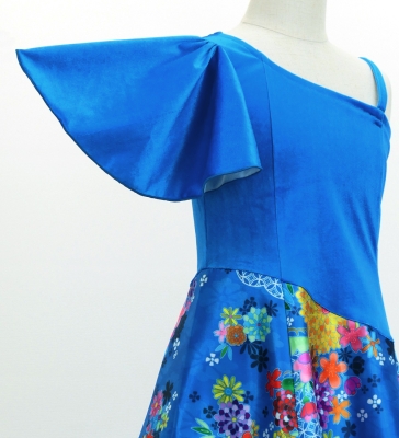 Kids Japan Fabric One Shoulder Frill Sleeve Long Dress / Blue / JWp004bl