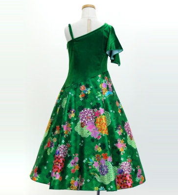 Kids Japan Fabric One Shoulder Frill Sleeve Long Dress / Green / JWp004gr