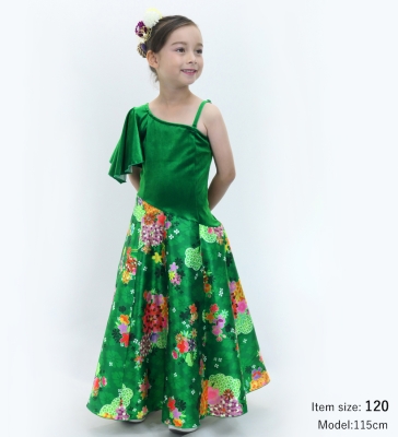 Kids Japan Fabric One Shoulder Frill Sleeve Long Dress / Green / JWp004gr