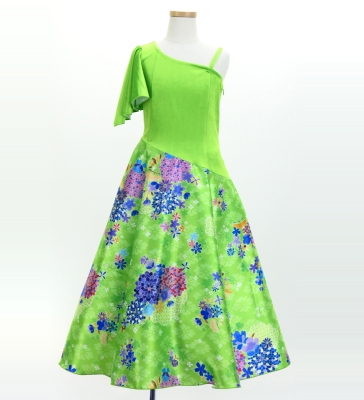 Kids Japan Fabric One Shoulder Frill Sleeve Long Dress / Light Green / JWp004lgr