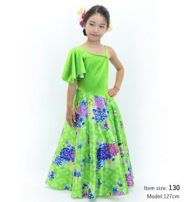 Kids Japan Fabric One Shoulder Frill Sleeve Long Dress / Light Green / JWp004lgr