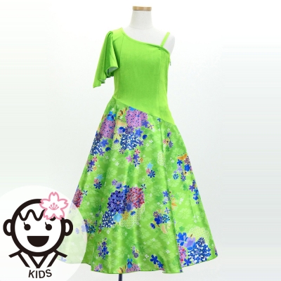 Kids Japan Fabric One Shoulder Frill Sleeve Long Dress / Light Green / JWp004lgr