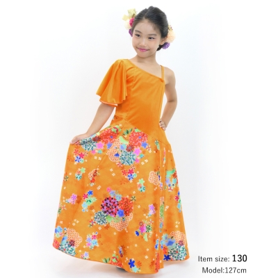 Kids Japan Fabric One Shoulder Frill Sleeve Long Dress / Orange / JWp004or