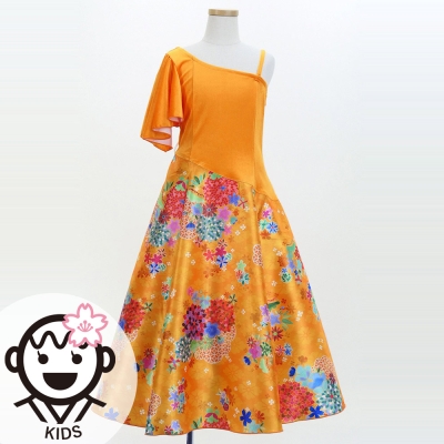 Kids Japan Fabric One Shoulder Frill Sleeve Long Dress / Orange / JWp004or