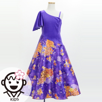 Kids Japan Fabric One Shoulder Frill Sleeve Long Dress / Purple / JWp004pu