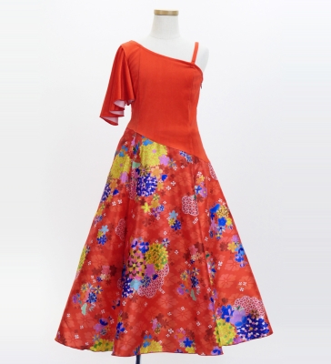 Kids Japan Fabric One Shoulder Frill Sleeve Long Dress / Red / JWp004rd