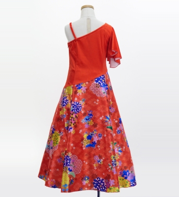 Kids Japan Fabric One Shoulder Frill Sleeve Long Dress / Red / JWp004rd