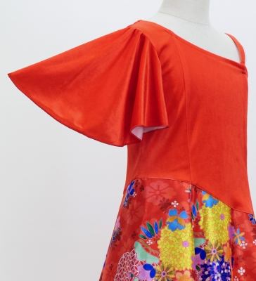 Kids Japan Fabric One Shoulder Frill Sleeve Long Dress / Red / JWp004rd