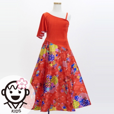 Kids Japan Fabric One Shoulder Frill Sleeve Long Dress / Red / JWp004rd