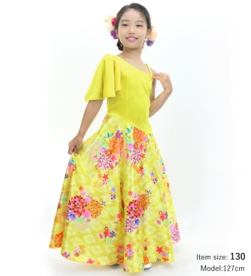 Kids Japan Fabric One Shoulder Frill Sleeve Long Dress / Yellow / JWp004ye