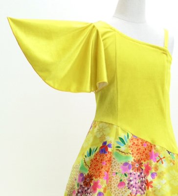 Kids Japan Fabric One Shoulder Frill Sleeve Long Dress / Yellow / JWp004ye