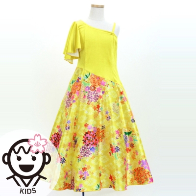 Kids Japan Fabric One Shoulder Frill Sleeve Long Dress / Yellow / JWp004ye
