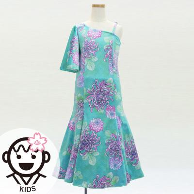 Kids Japan Fabric One Shoulder Frill Sleeve Long Dress with Chrysanthemum Print / Light Blue / JWp005lbl