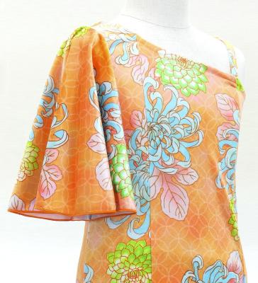 Kids Japan Fabric One Shoulder Frill Sleeve Long Dress with Chrysanthemum Print / Orange  / JWp005or