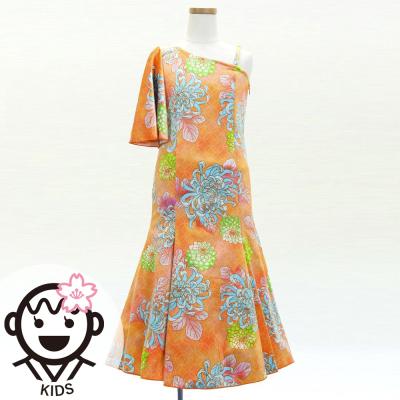 Kids Japan Fabric One Shoulder Frill Sleeve Long Dress with Chrysanthemum Print / Orange  / JWp005or