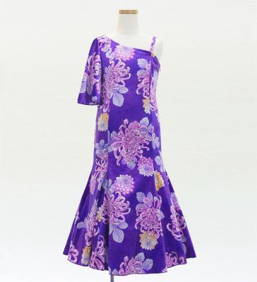 Kids Japan Fabric One Shoulder Frill Sleeve Long Dress with Chrysanthemum Print / Purple / JWp005pu